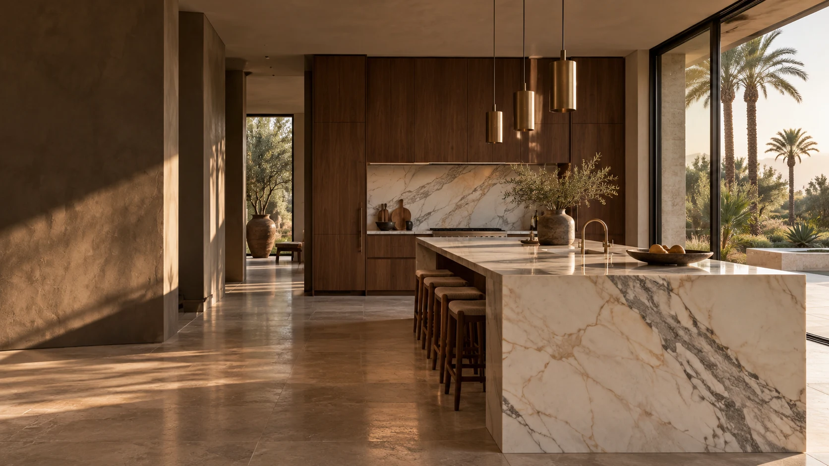 îlot en marbre dans une villa contemporaine